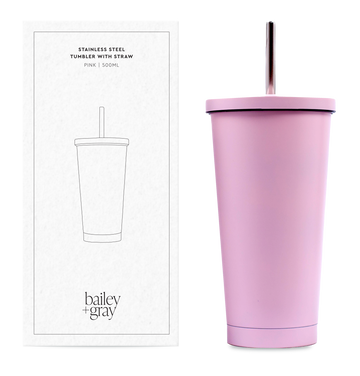 Bailey + Gray Stainless Steel Tumbler with Straw 500ml Pink