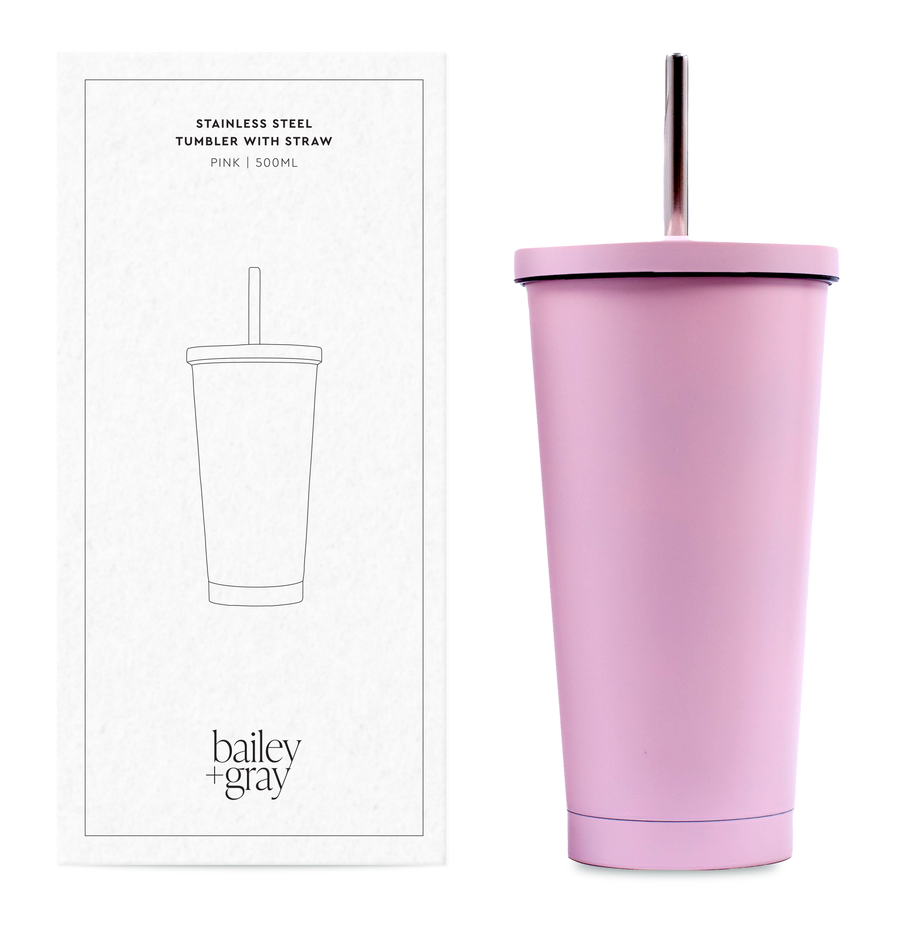 Bailey + Gray Stainless Steel Tumbler with Straw 500ml Pink